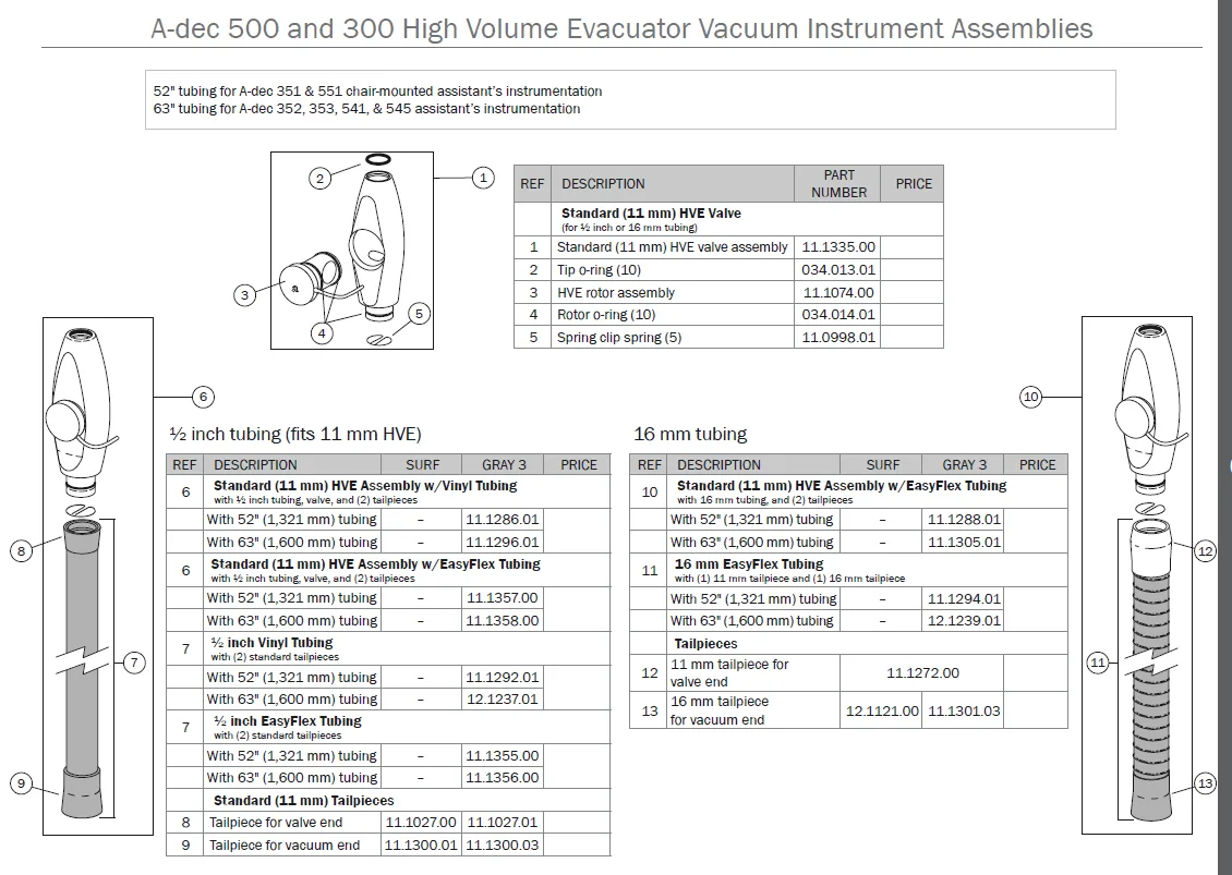 A-dec 500 and 300 high volume evacuator vacuum instrument assemblies reference