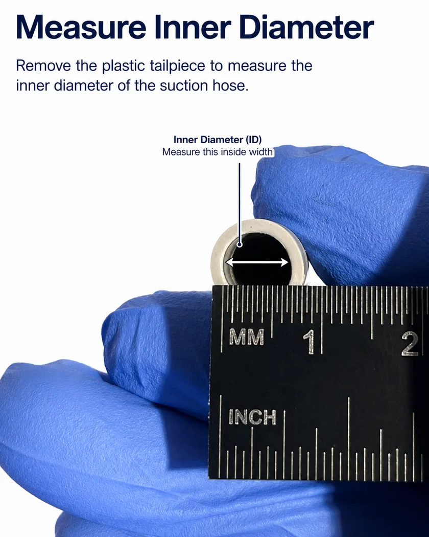 Measuring the inner diameter of the suction hose with a millimeter ruler after removing the tailpiece
