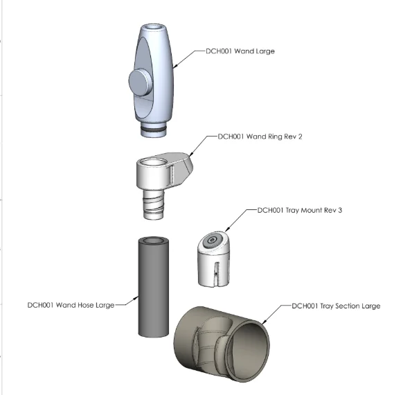 Large HVE adapter components: wand, wand ring, tray mount, and hose