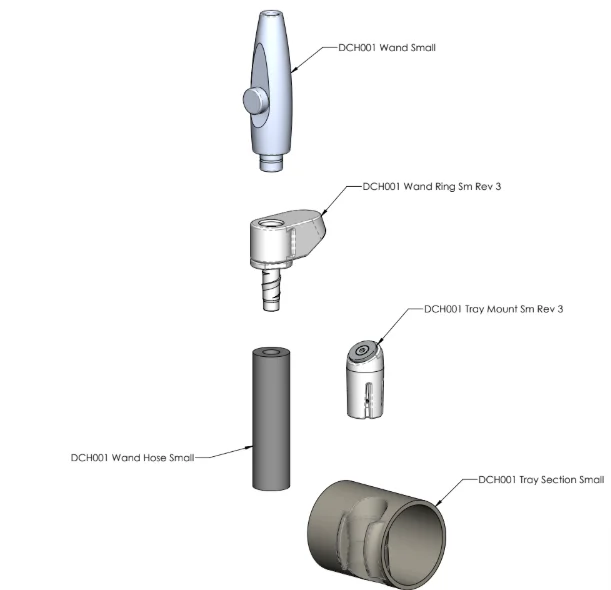Small saliva ejector adapter components: wand, wand ring, tray mount, and hose