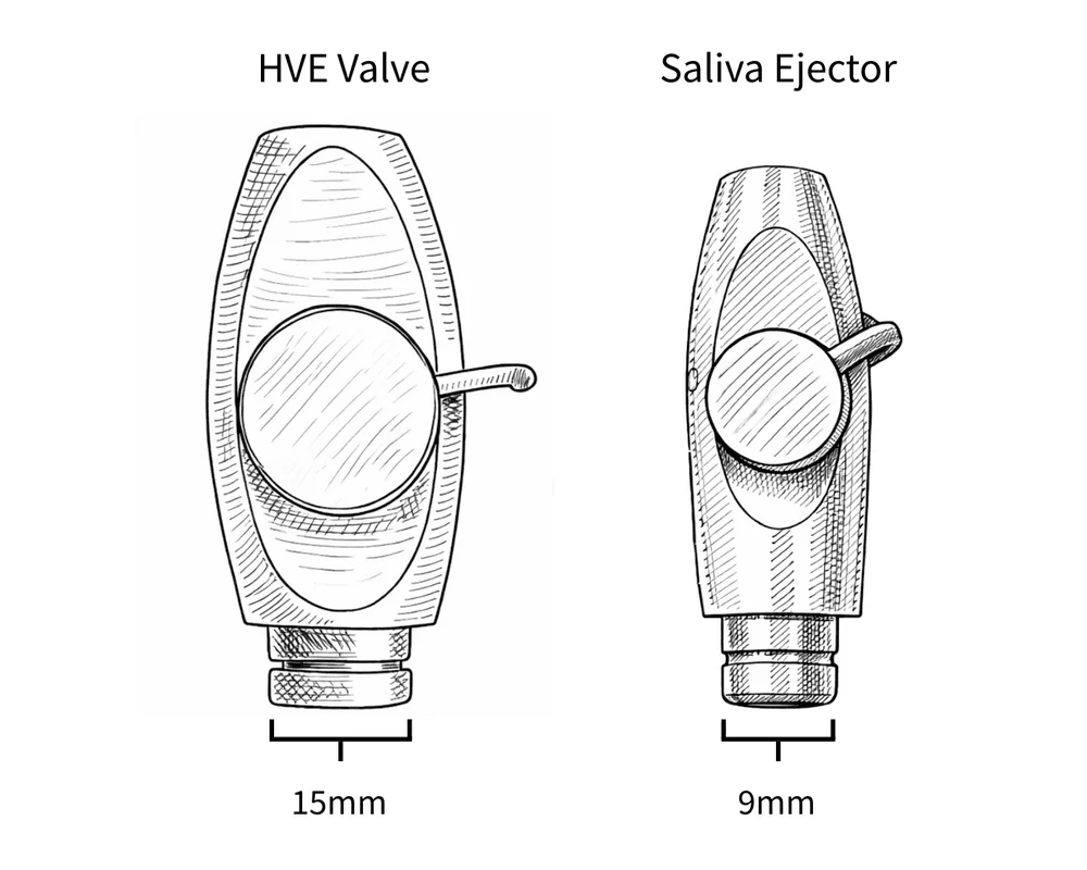HVE valve at 15mm and saliva ejector at 9mm size reference
